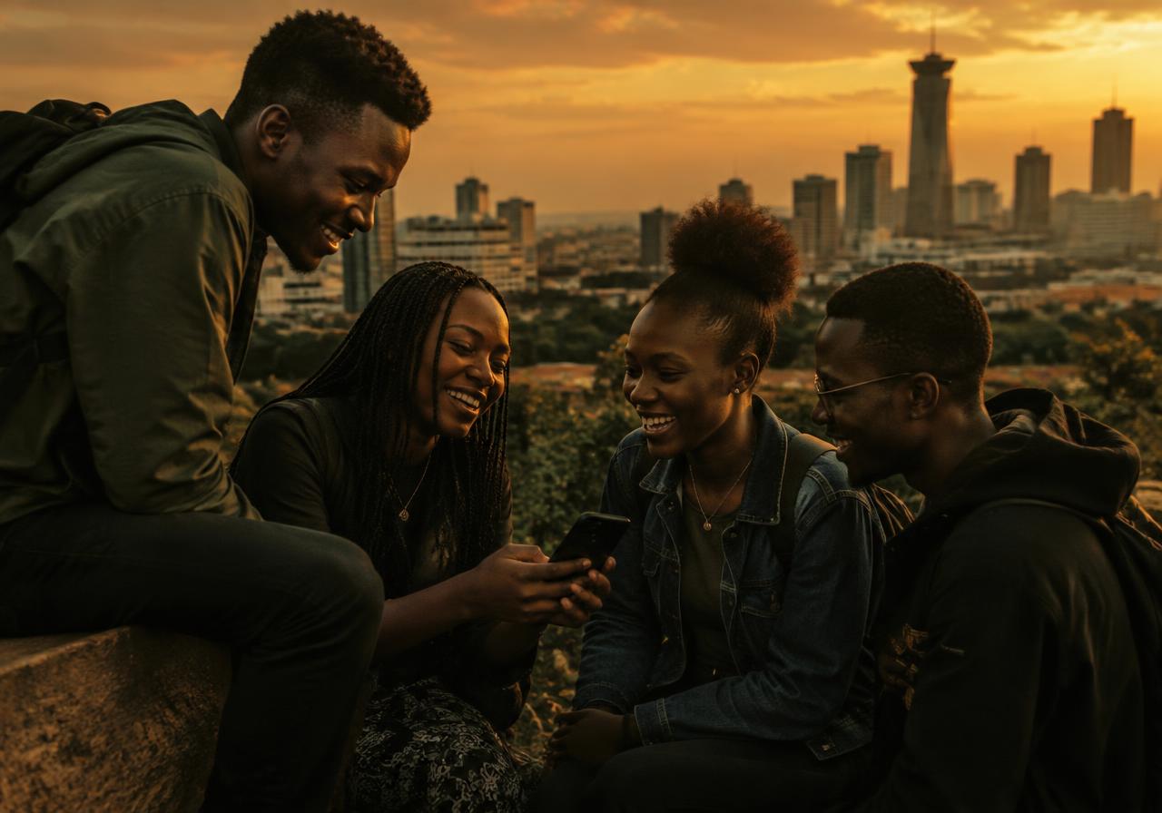 Friends in Nairobi sharing earnings on a phone at sunset